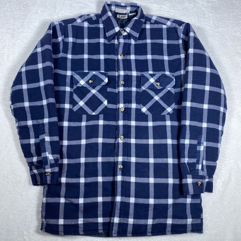 Vintage Lee Blue Plaid Flannel Jacket Quilted Lining Workwear Medium Button Up
